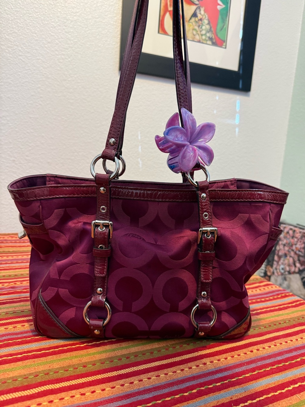 magenta coach brand tote with flower clip! see desc.